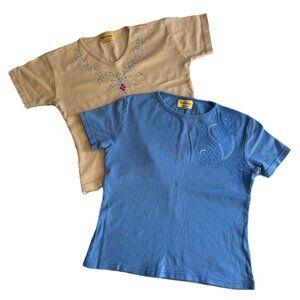 VTG BUNDLE LOT 2 Beaded Sequin Rhinestone Embroidered TShirt Indian Cream Blue M